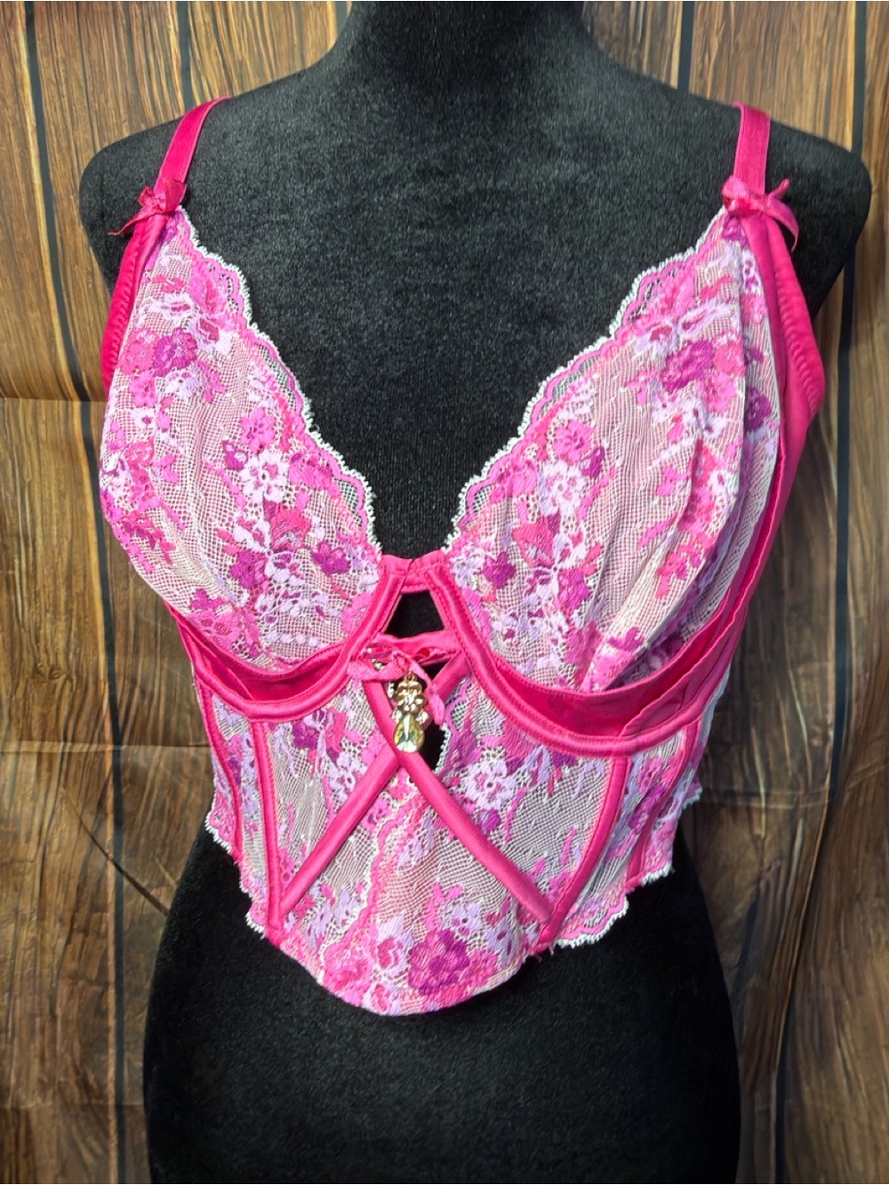 Bras N Things Hot Pink Floral Lace Longline Bustier 36 DDD